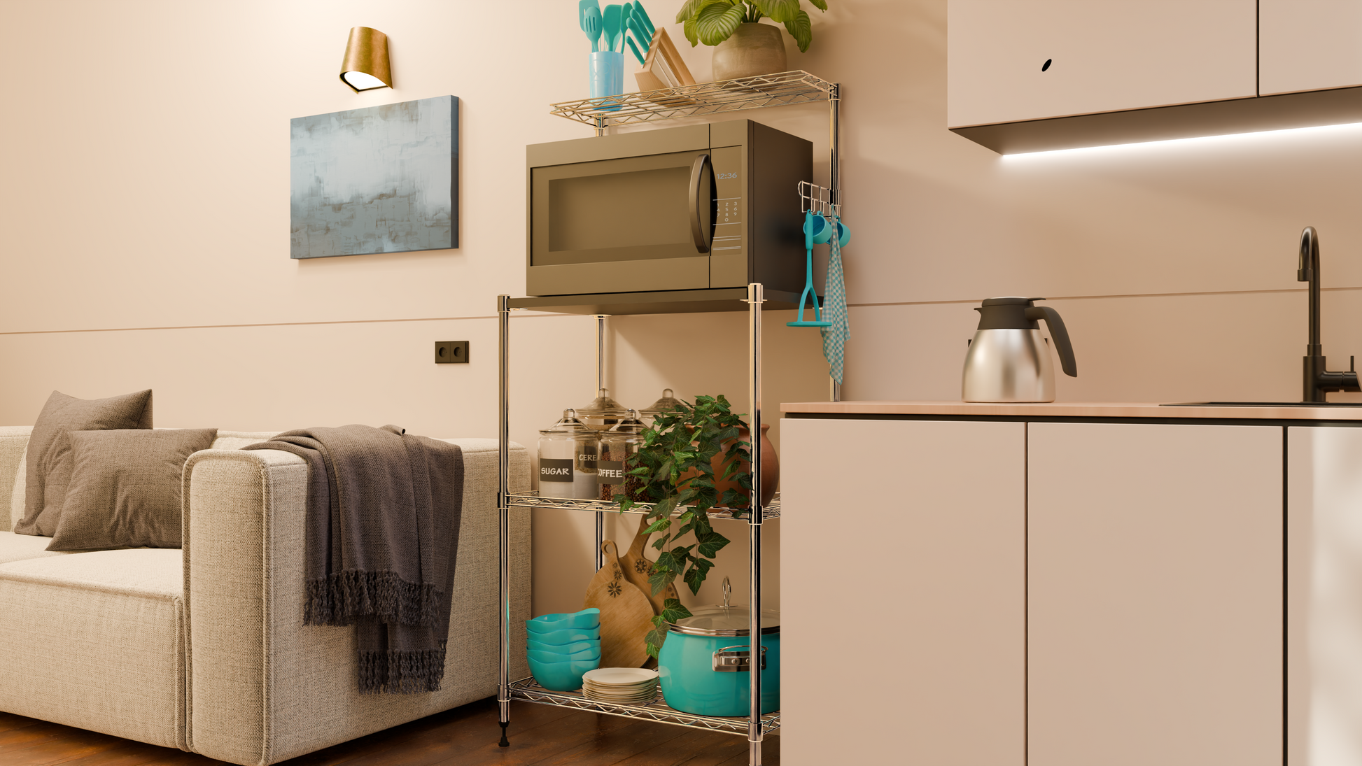 Tune Home 3-Tier Microwave Oven Wooden Top Wire Storage Rack - Tune home