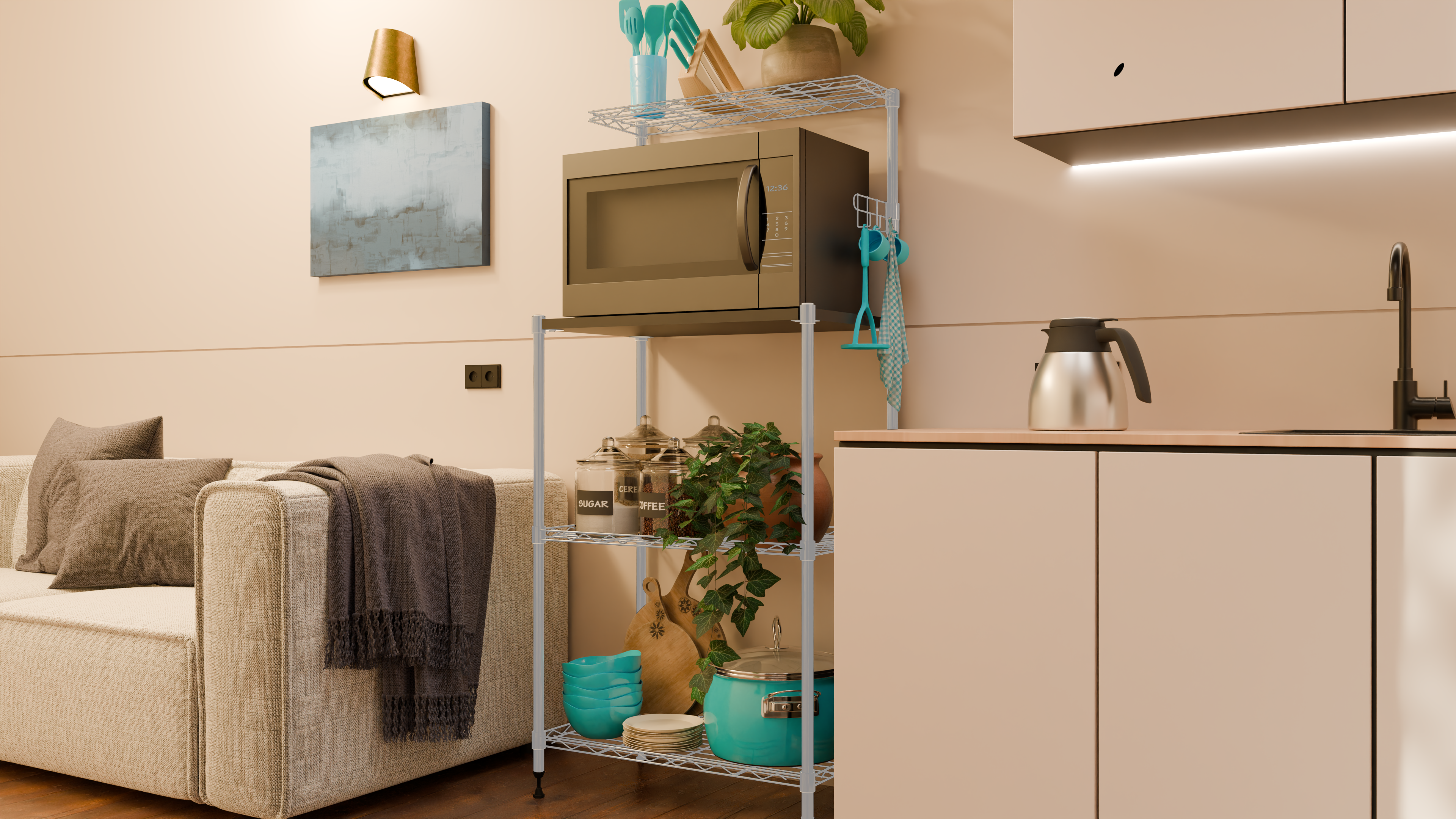 Tune Home 3-Tier Microwave Oven Wooden Top Wire Storage Rack - Tune home