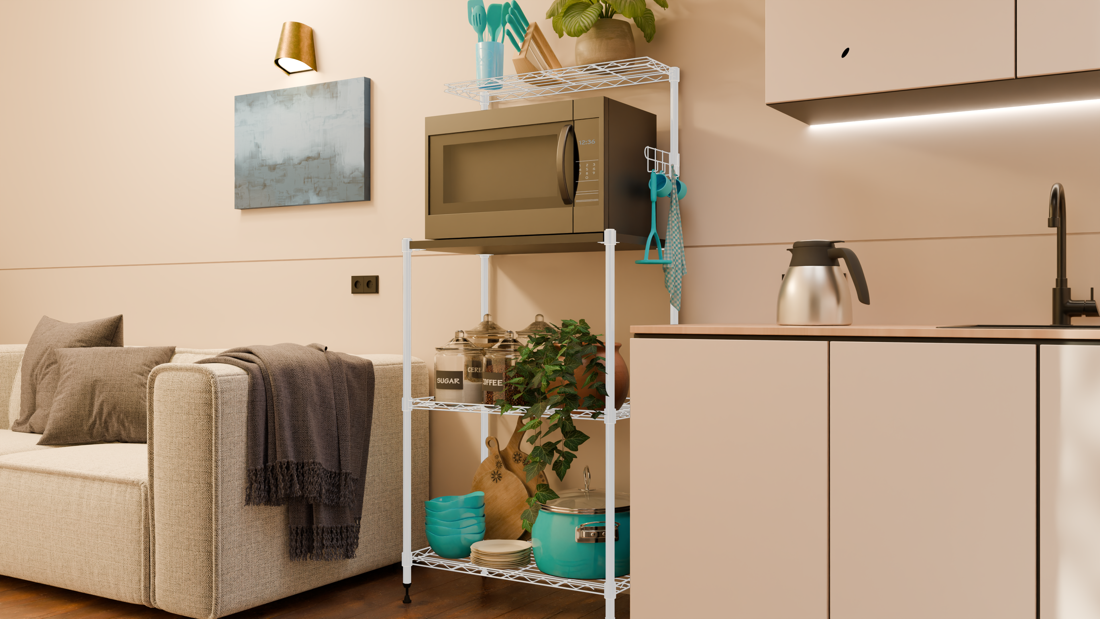 Tune Home 3-Tier Microwave Oven Wooden Top Wire Storage Rack - Tune home