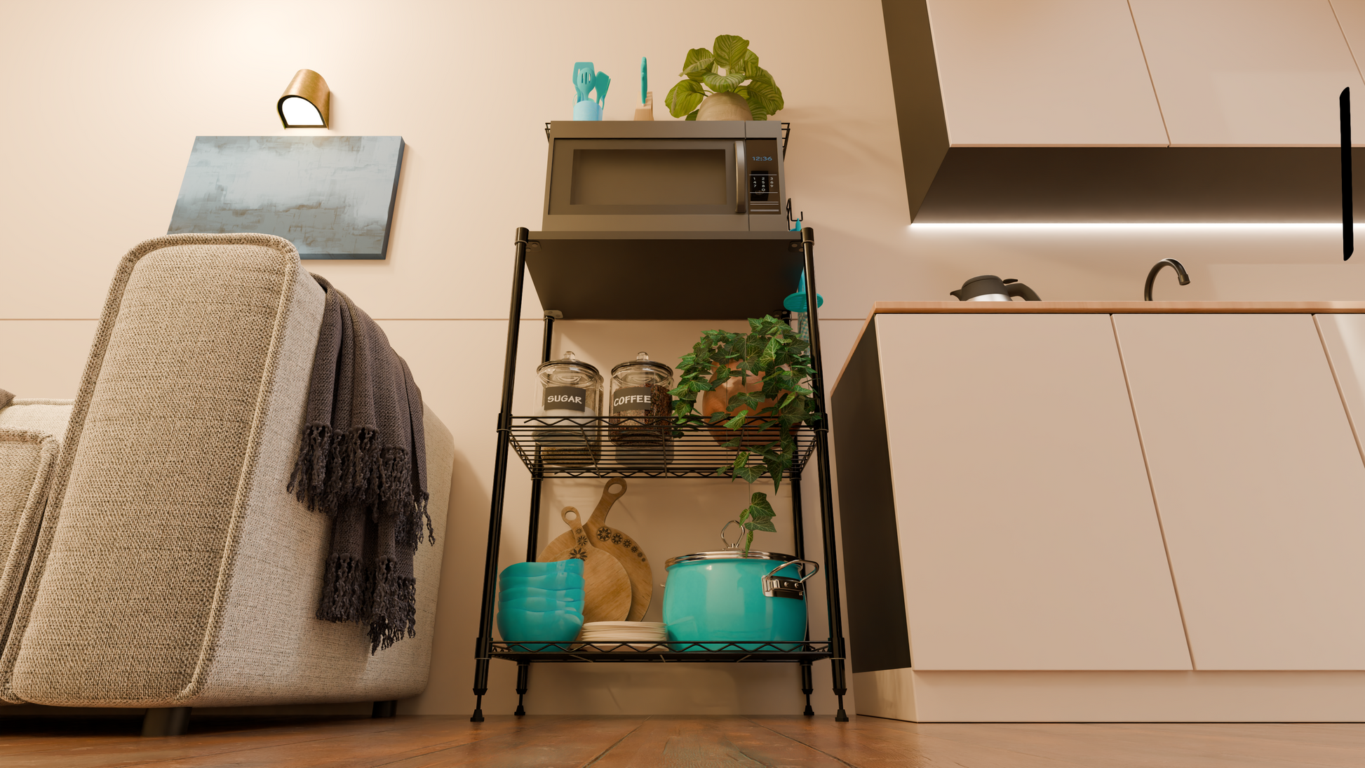 Tune Home 3-Tier Microwave Oven Wooden Top Wire Storage Rack - Tune home