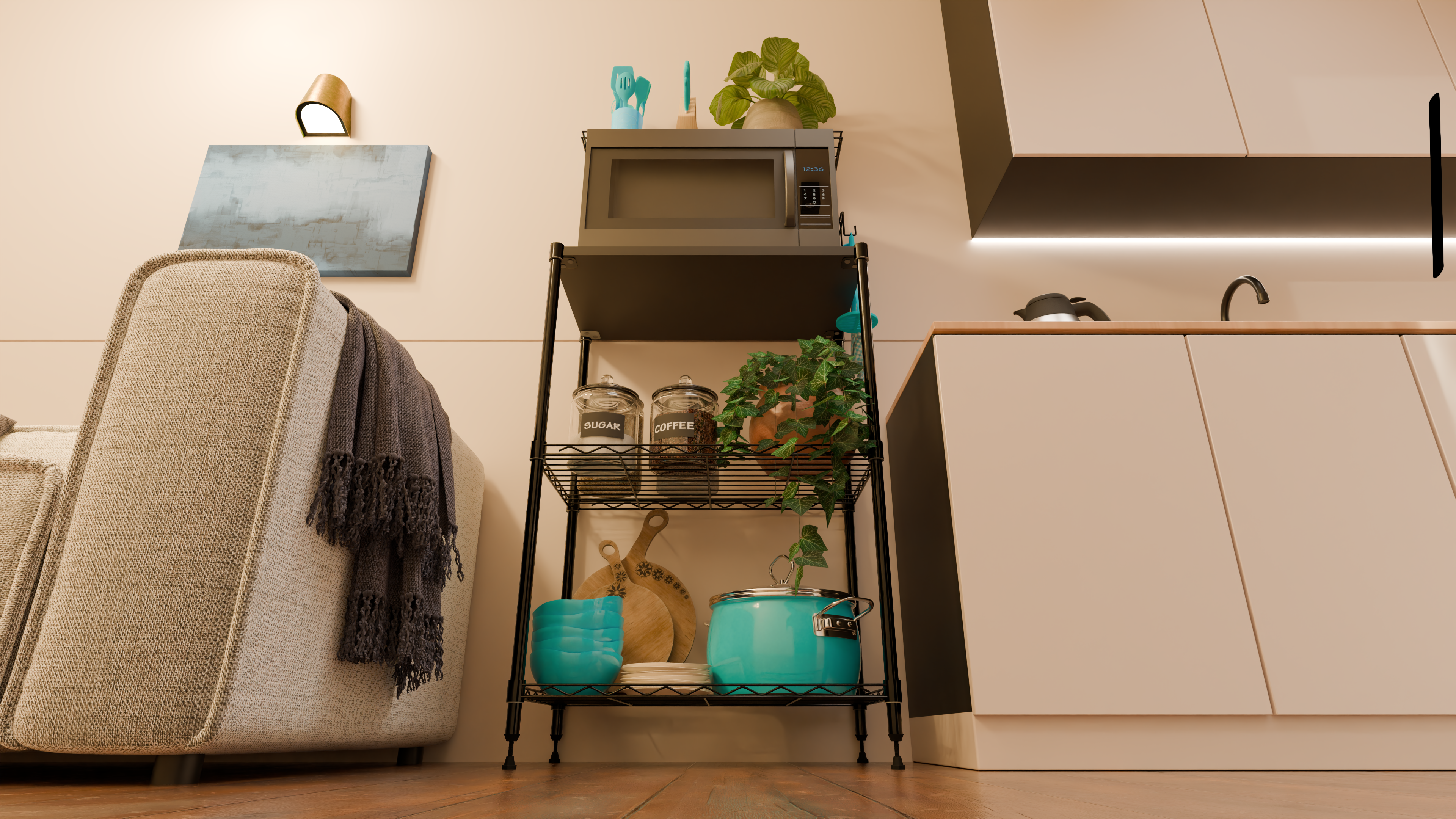 Tune Home 3-Tier Microwave Oven Wooden Top Wire Storage Rack - Tune home