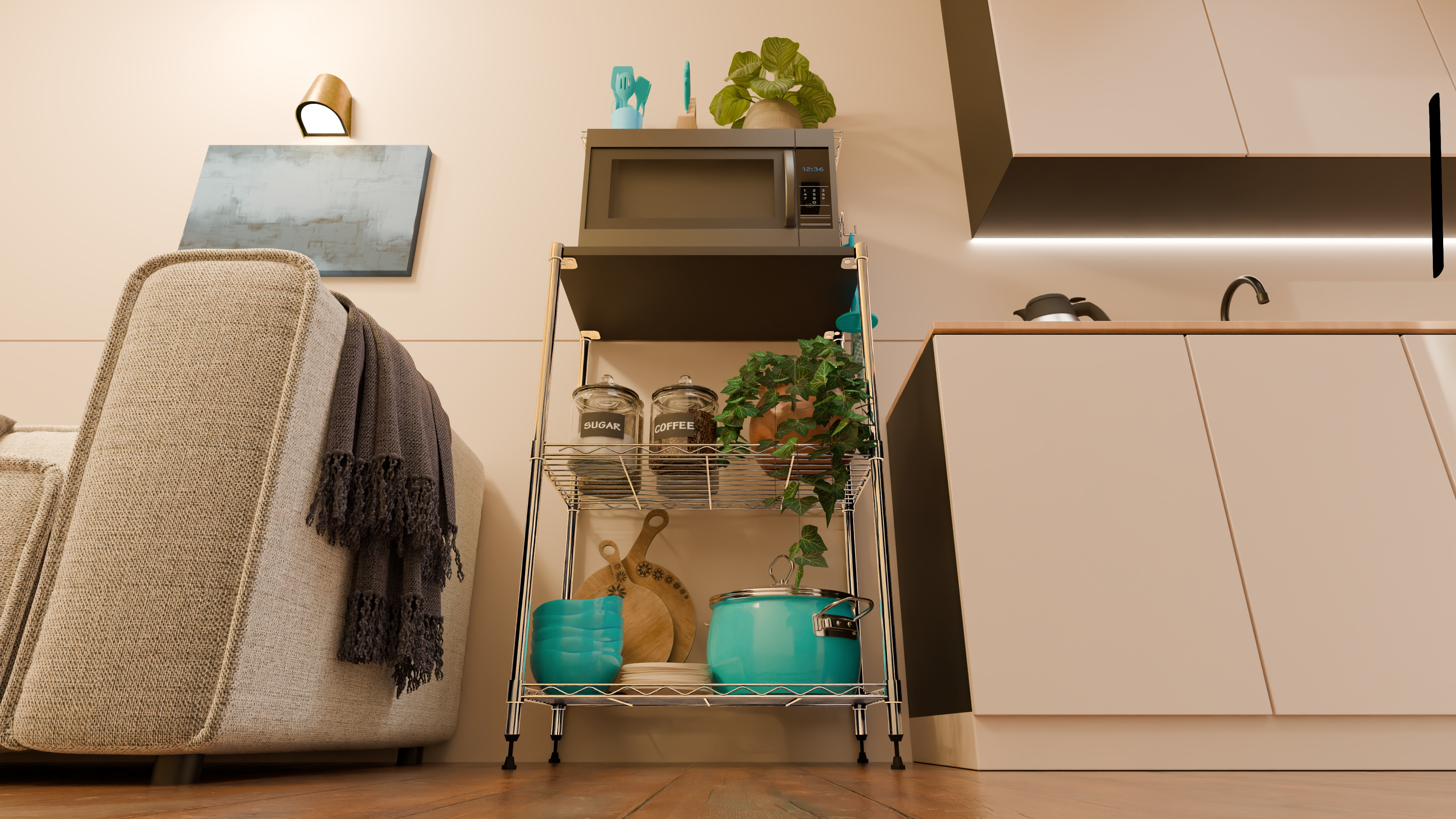 Tune Home 3-Tier Microwave Oven Wooden Top Wire Storage Rack - Tune home