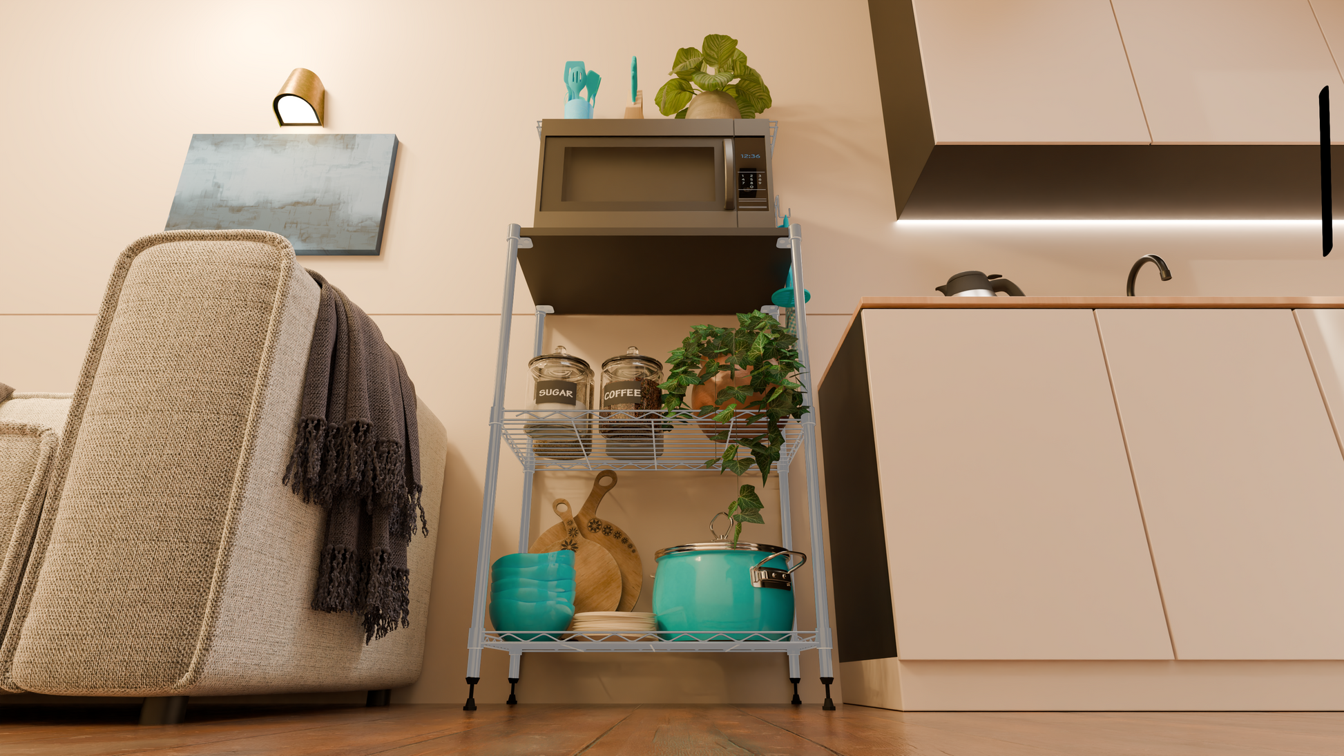 Tune Home 3-Tier Microwave Oven Wooden Top Wire Storage Rack - Tune home