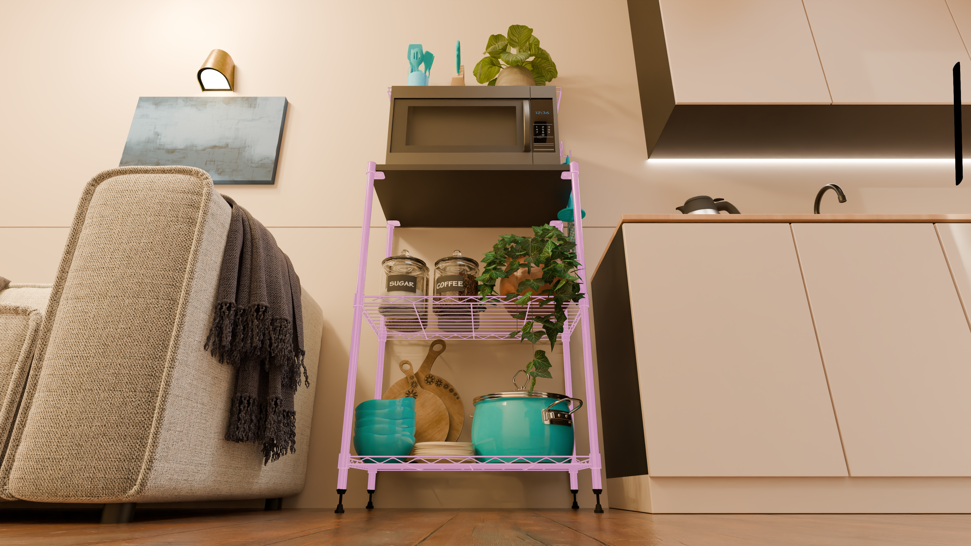 Tune Home 3-Tier Microwave Oven Wooden Top Wire Storage Rack - Tune home