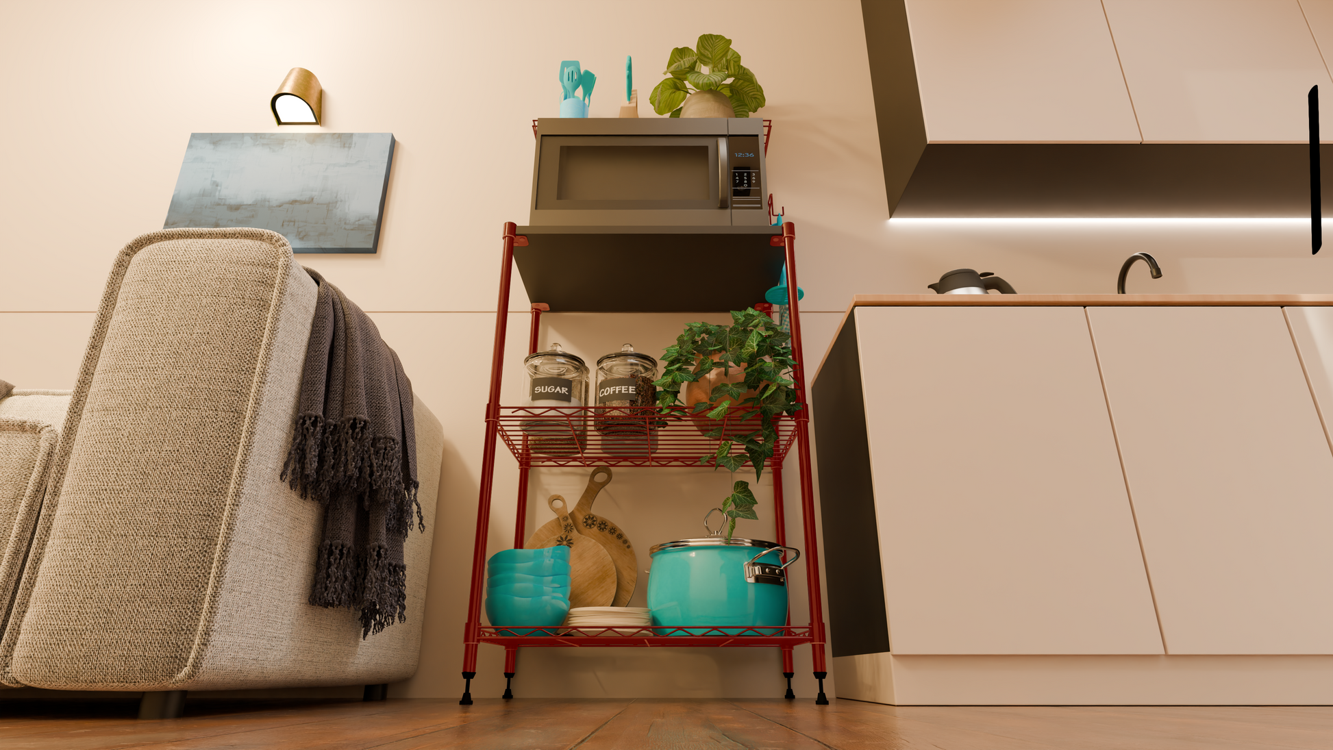 Tune Home 3-Tier Microwave Oven Wooden Top Wire Storage Rack - Tune home