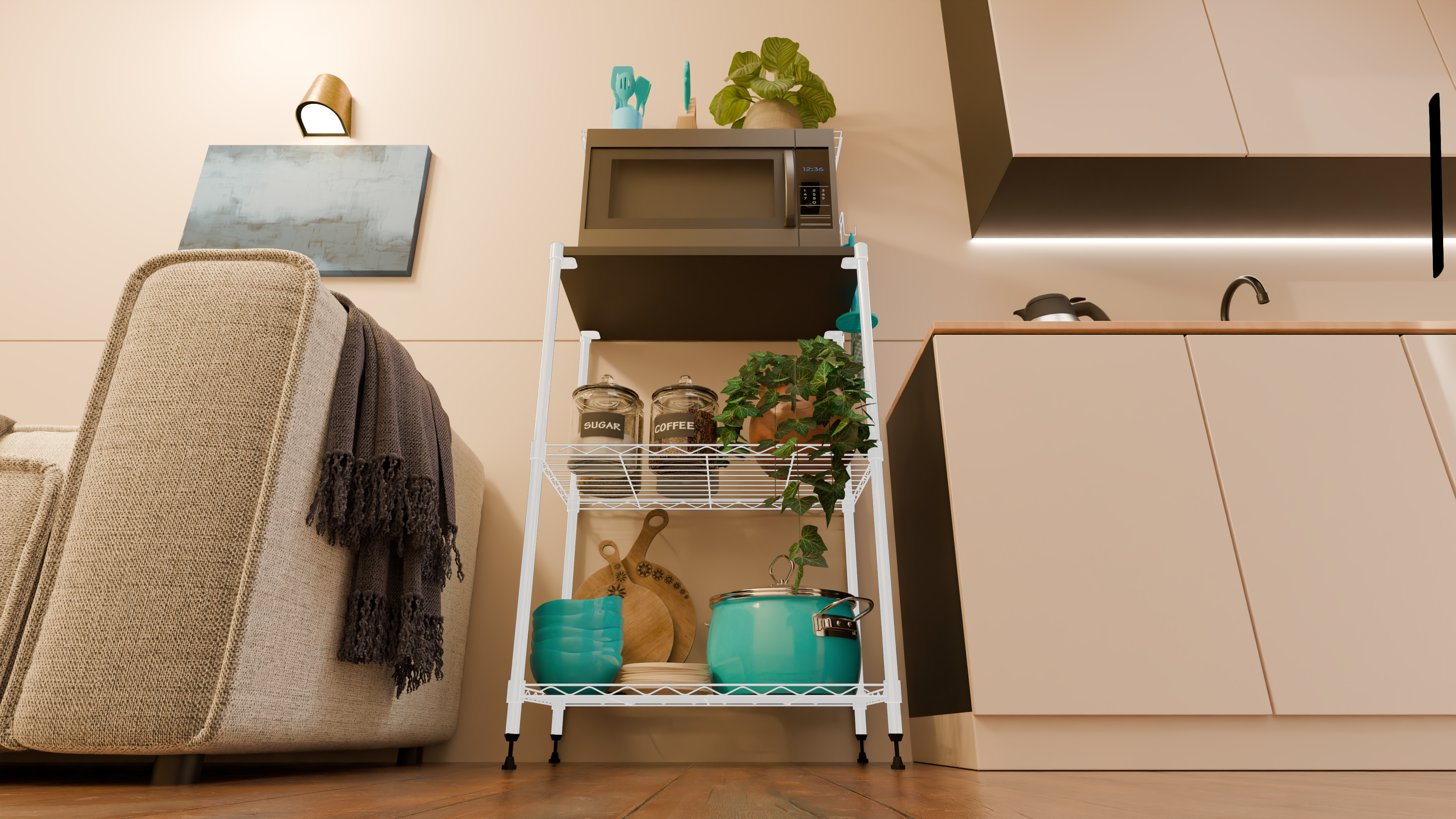 Tune Home 3-Tier Microwave Oven Wooden Top Wire Storage Rack - Tune home